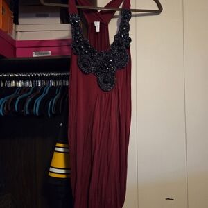 Studio Y Burgundy Dress with Intricate Black Embellishments